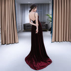 Beautiful V-Neckline Straps Wine Red Velvet Formal Prom Dresses, Long Party Dresses