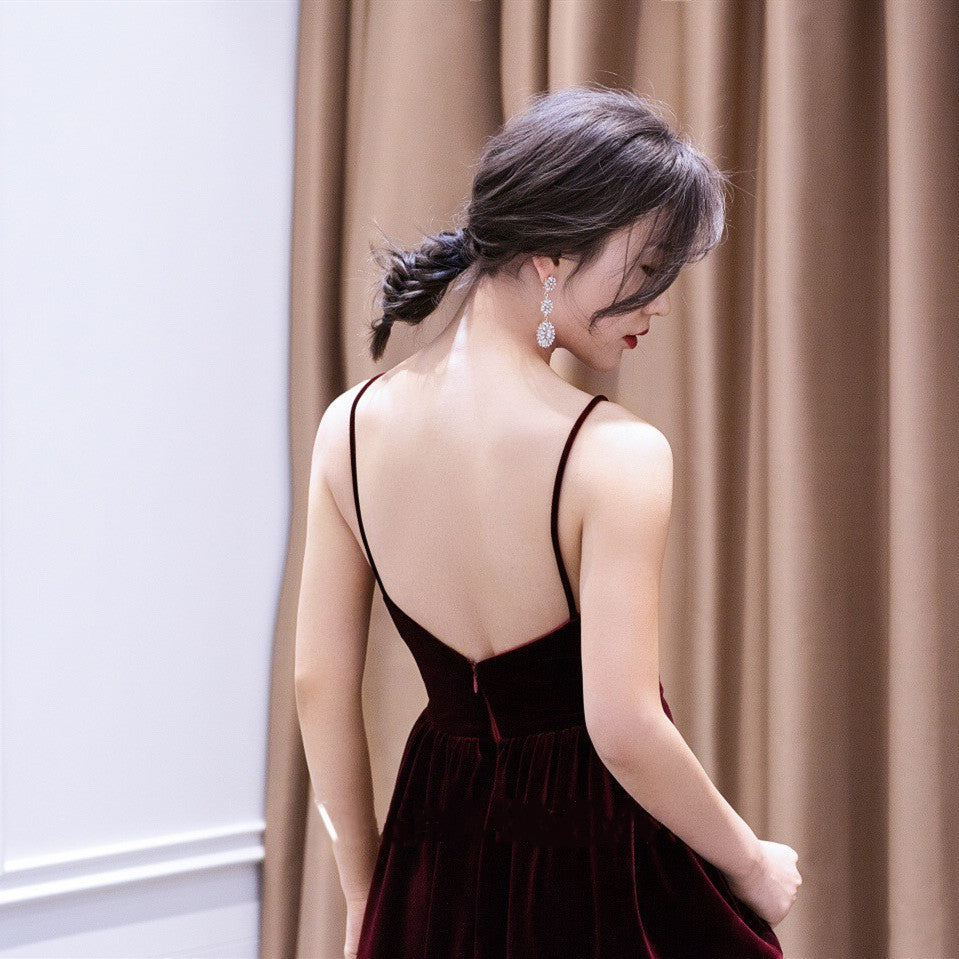 Beautiful V-Neckline Straps Wine Red Velvet Formal Prom Dresses, Long Party Dresses