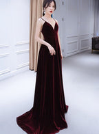 Beautiful V-Neckline Straps Wine Red Velvet Formal Prom Dresses, Long Party Dresses