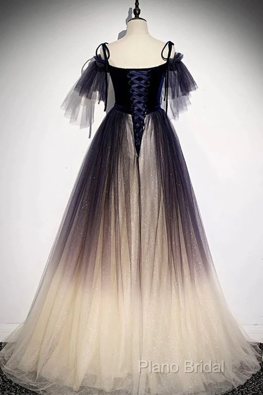 Beautiful Velvet And Gradient Tulle Long Party Dresses, Straps Long Formal Gown