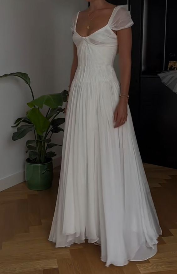 Beautiful White Chiffon A Line Formal Prom Dresses Wedding Dresses