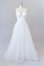 Beautiful White Long A-line V-neck Tulle Backless Wedding Dress