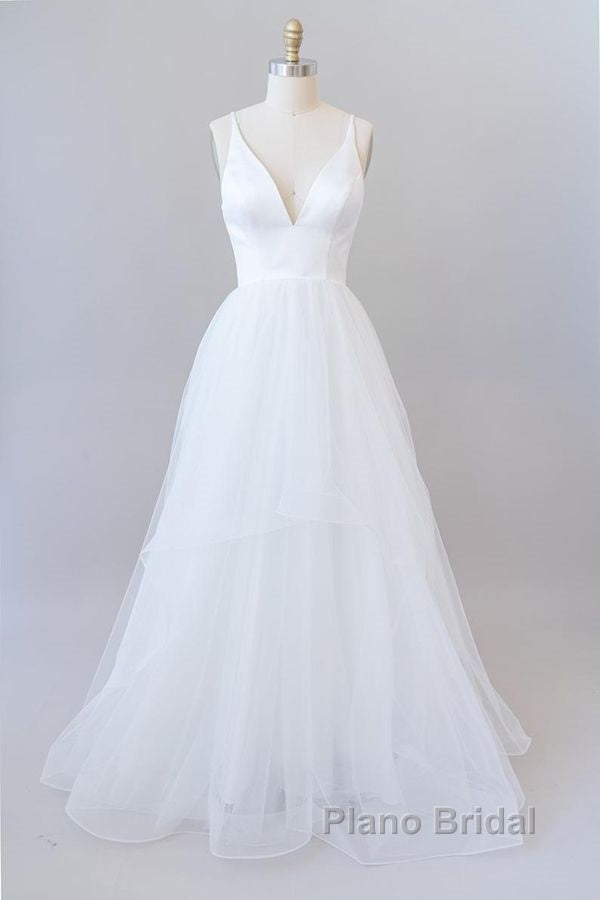 Beautiful White Long A-line V-neck Tulle Backless Wedding Dress