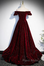 Beautiful Wine Red Off Shoulder Velvet Long Party Dresses, A-Line Dark Red Formal Prom Dresses