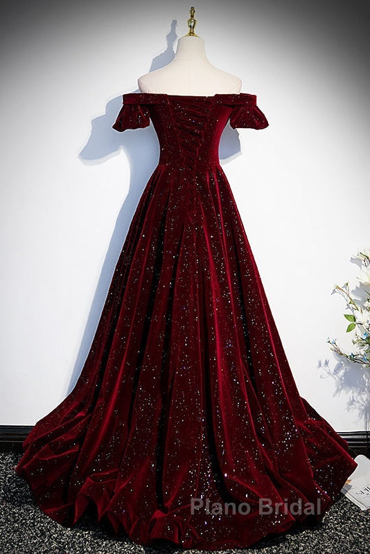 Beautiful Wine Red Off Shoulder Velvet Long Party Dresses, A-Line Dark Red Formal Prom Dresses