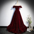 Beautiful Wine Red Off Shoulder Velvet Long Party Dresses, A-Line Dark Red Formal Prom Dresses