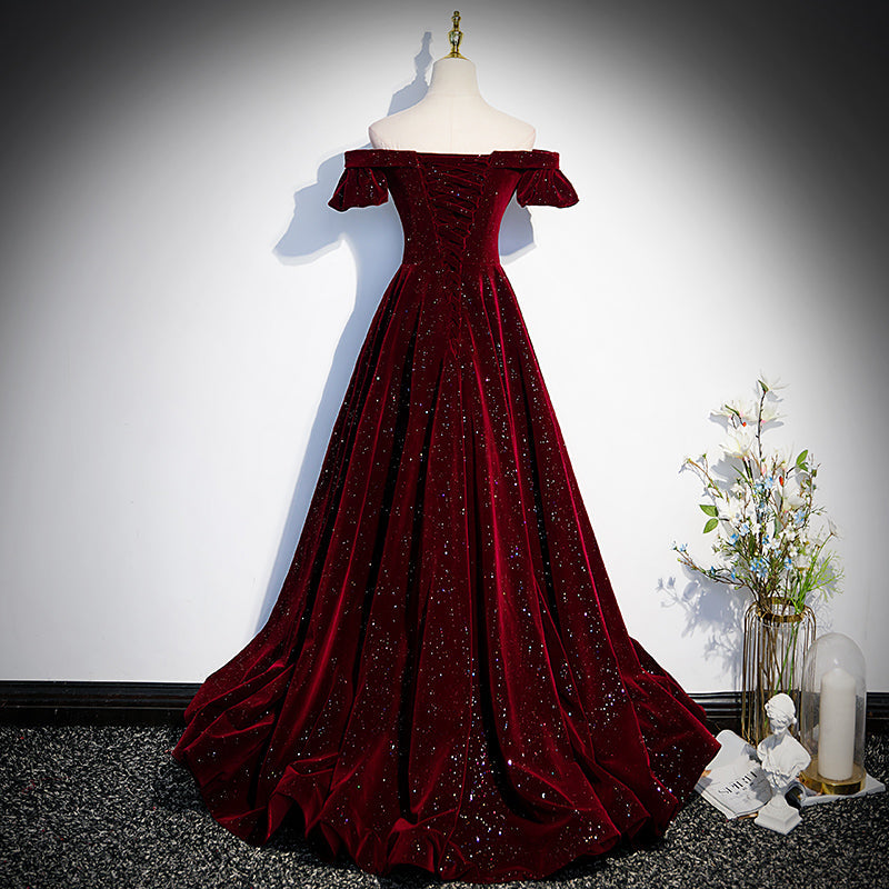 Beautiful Wine Red Off Shoulder Velvet Long Party Dresses, A-Line Dark Red Formal Prom Dresses