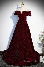 Beautiful Wine Red Off Shoulder Velvet Long Party Dresses, A-Line Dark Red Formal Prom Dresses