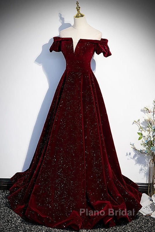Beautiful Wine Red Off Shoulder Velvet Long Party Dresses, A-Line Dark Red Formal Prom Dresses