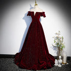 Beautiful Wine Red Off Shoulder Velvet Long Party Dresses, A-Line Dark Red Formal Prom Dresses