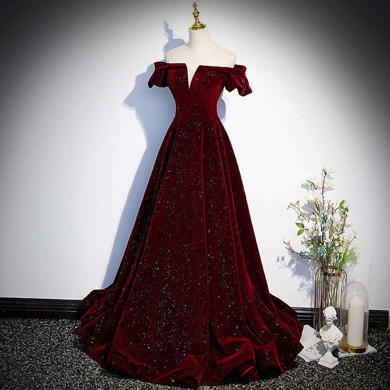 Beautiful Wine Red Off Shoulder Velvet Long Party Dresses, A-Line Dark Red Formal Prom Dresses