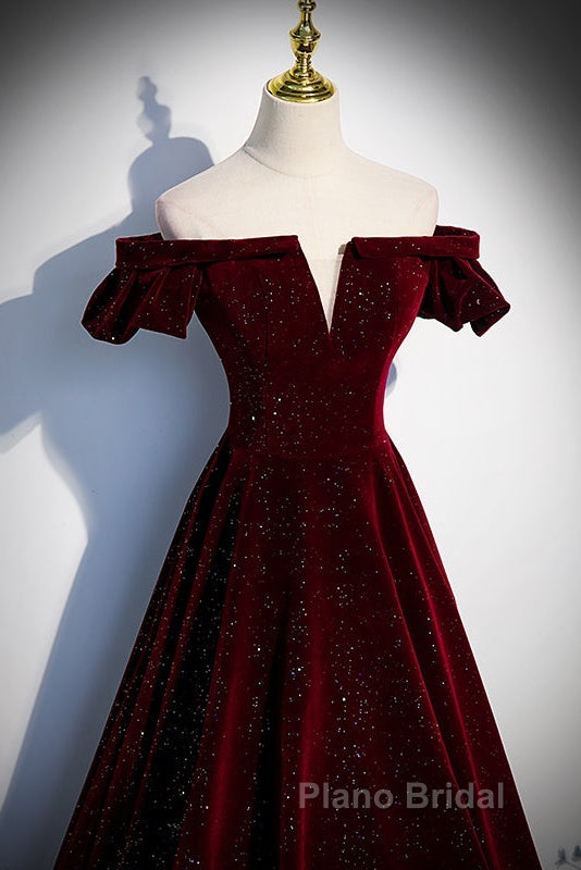 Beautiful Wine Red Off Shoulder Velvet Long Party Dresses, A-Line Dark Red Formal Prom Dresses