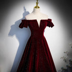 Beautiful Wine Red Off Shoulder Velvet Long Party Dresses, A-Line Dark Red Formal Prom Dresses
