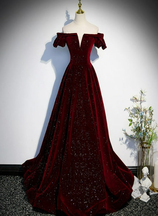 Beautiful Wine Red Off Shoulder Velvet Long Party Dresses, A-Line Dark Red Formal Prom Dresses Main image