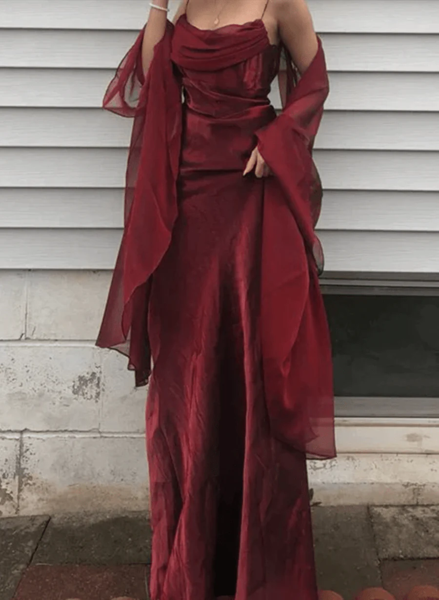 Beautiful Wine Red Satin Long Formal Prom Dresses With Straps, Wine Red Long Party Dresses Main image