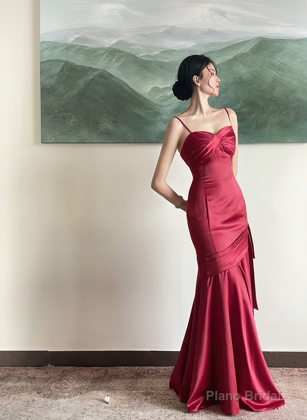 Beautiful Wine Red Satin Straps Long Evening Dress Prom Dress, Wine Red Party Dress Main image