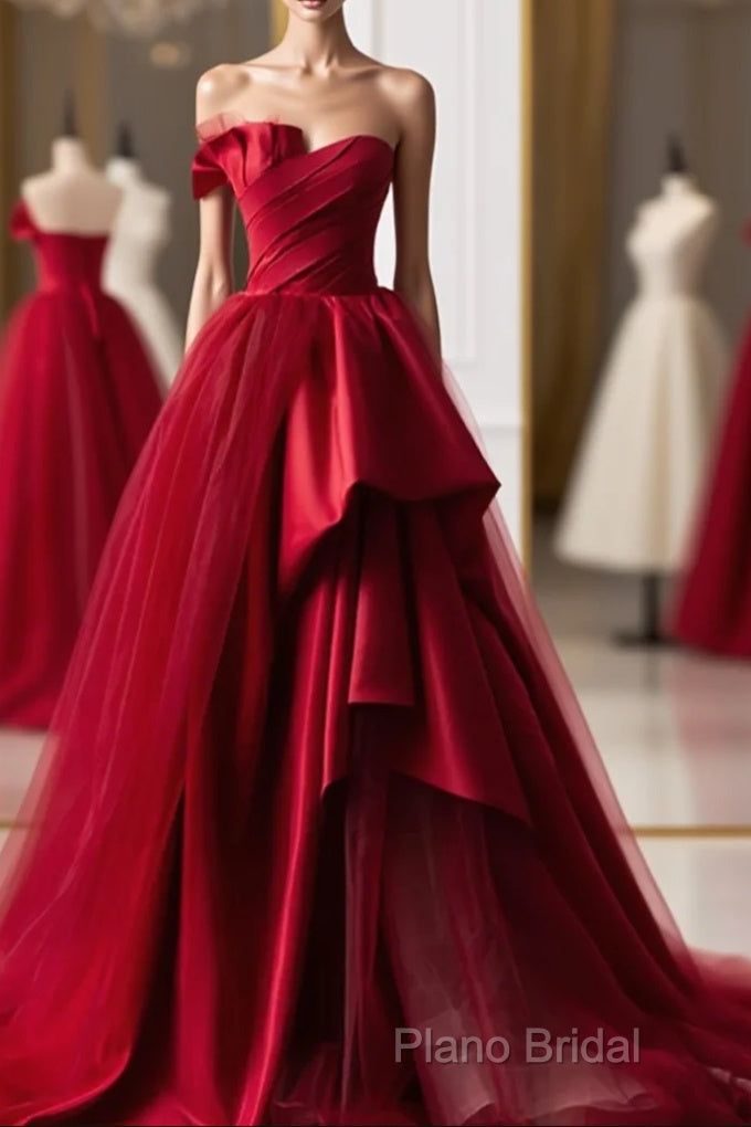 Beautiful Wine Red Sweetheart Tulle And Satin Party Dresses, Wine Red Long Formal Dresses Main image