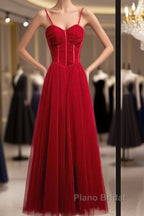 Beautiful Wine Red Tulle Long Straps Party Dresses Formal Prom Dresses, A-Line Dark Red Formal Gown