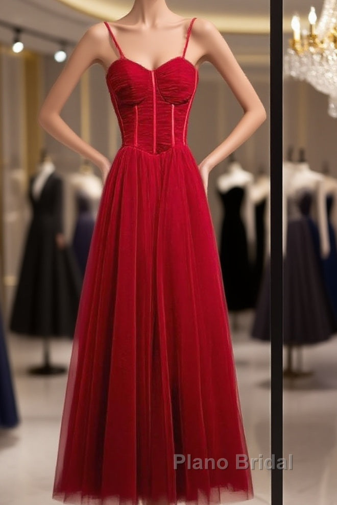 Beautiful Wine Red Tulle Long Straps Party Dresses Formal Prom Dresses, A-Line Dark Red Formal Gown