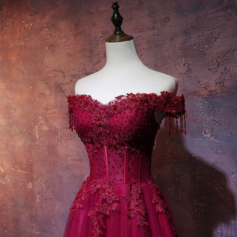 Beautiful Wine Red Tulle Sweetheart Long Formal Prom Dresses, A-Line Party Dresses