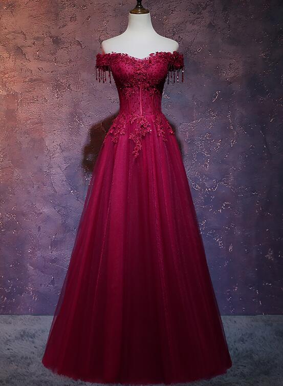 Beautiful Wine Red Tulle Sweetheart Long Formal Prom Dresses, A-Line Party Dresses Main image