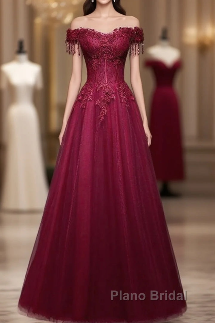 Beautiful Wine Red Tulle Sweetheart Long Formal Prom Dresses, A-Line Party Dresses Main image