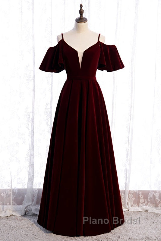 Beautiful Wine Red Velvet Off Shoulder Floor Length Party Dresses, Velvet Junior Formal Prom Dresses