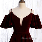 Beautiful Wine Red Velvet Off Shoulder Floor Length Party Dresses, Velvet Junior Formal Prom Dresses
