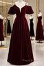 Beautiful Wine Red Velvet Off Shoulder Floor Length Party Dresses, Velvet Junior Formal Prom Dresses