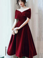 Beautiful Wine Red Velvet Tea Length Party Dresses, Bridesmaid Dresses
