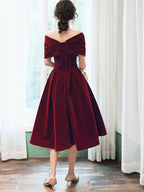 Beautiful Wine Red Velvet Tea Length Party Dresses, Bridesmaid Dresses