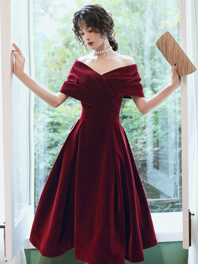 Beautiful Wine Red Velvet Tea Length Party Dresses, Bridesmaid Dresses