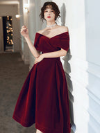 Beautiful Wine Red Velvet Tea Length Party Dresses, Bridesmaid Dresses