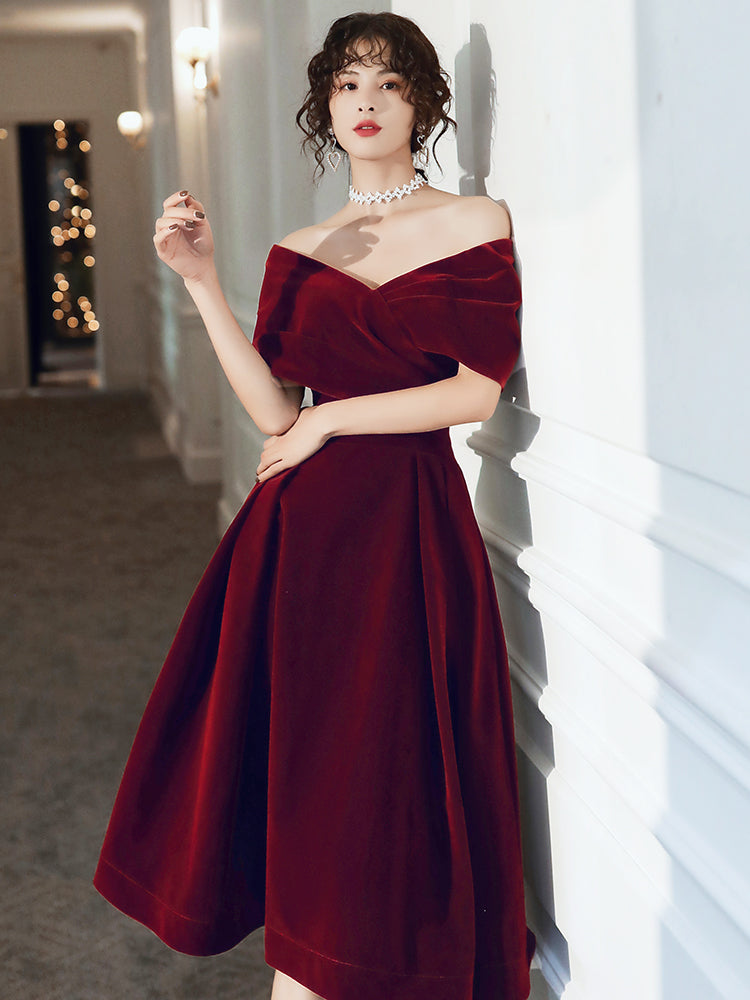 Beautiful Wine Red Velvet Tea Length Party Dresses, Bridesmaid Dresses