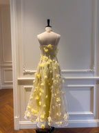 Beautiful Yellow A-Line Square Neck Strapless 3D Flower Mesh Long Formal Prom Dresses