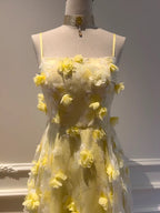 Beautiful Yellow A-Line Square Neck Strapless 3D Flower Mesh Long Formal Prom Dresses