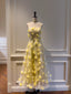 Beautiful Yellow A-Line Square Neck Strapless 3D Flower Mesh Long Formal Prom Dresses