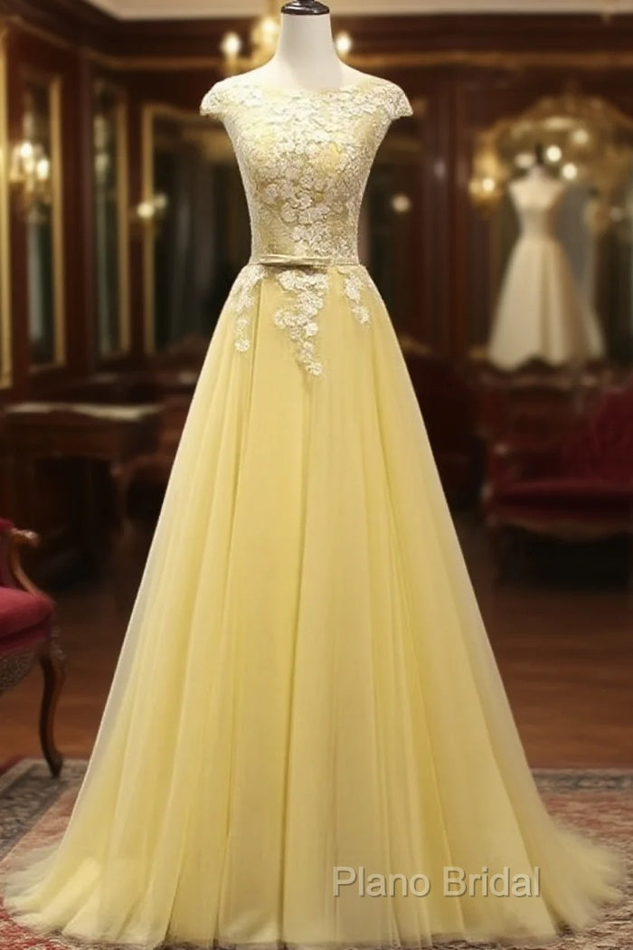 Beautiful Yellow Long Formal Prom Dresses, A-Line Round Neckline Formal Dresses