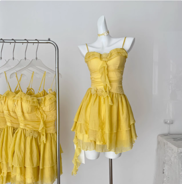 Beautiful Yellow Suspender Flower Irregular Ruffle Chiffon 17Th Birthday Short Skirt Homecoming Dresses Secondary image