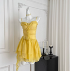 Beautiful Yellow Suspender Flower Irregular Ruffle Chiffon 17Th Birthday Short Skirt Homecoming Dresses