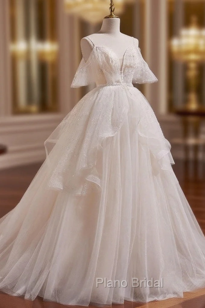 Beige A-line Tulle Beading Long Formal Prom Dresses, Beige Formal Dresses Main image