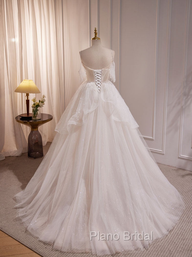 Beige A-line Tulle Beading Long Formal Prom Dresses, Beige Formal Dresses