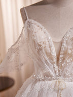 Beige A-line Tulle Beading Long Formal Prom Dresses, Beige Formal Dresses