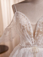 Beige A-line Tulle Beading Long Formal Prom Dresses, Beige Formal Dresses