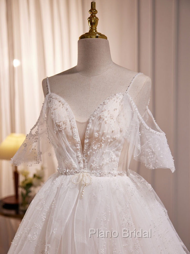 Beige A-line Tulle Beading Long Formal Prom Dresses, Beige Formal Dresses