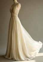 Off-White A-Line V-Neck Chiffon Beaded Long Formal Prom Dresses Simple Wedding Dresses Bridesmaid Dresses