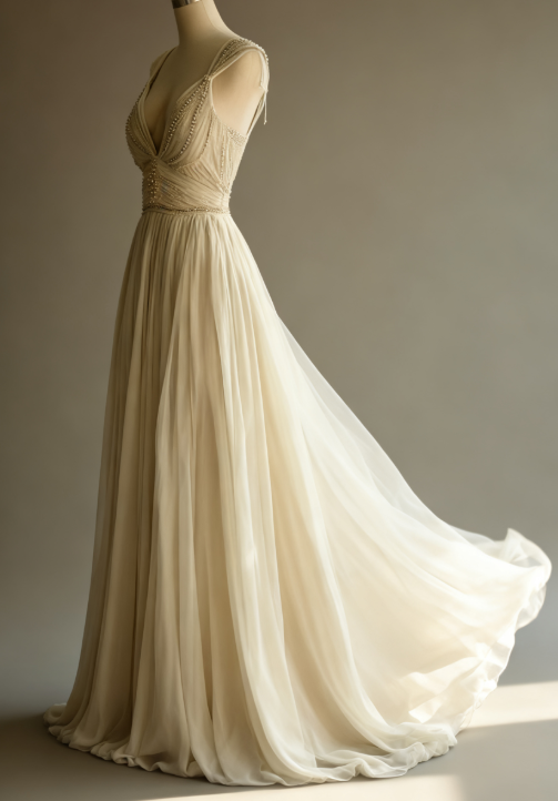 Off-White A-Line V-Neck Chiffon Beaded Long Formal Prom Dresses Simple Wedding Dresses Bridesmaid Dresses
