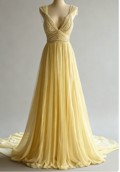 Off-White A-Line V-Neck Chiffon Beaded Long Formal Prom Dresses Simple Wedding Dresses Bridesmaid Dresses
