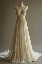 Off-White A-Line V-Neck Chiffon Beaded Long Formal Prom Dresses Simple Wedding Dresses Bridesmaid Dresses