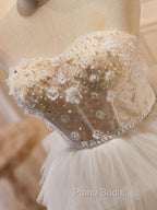 Beige Sweetheart Neck Tulle Puffy Short Formal Prom Dresses, Beige Homecoming Dresses
